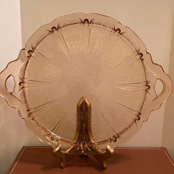 Other - Vintage pink depression handled  glass platter with embossed floral etching